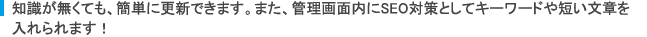知識が無くても、簡単に更新できます。また、管理画面内にSEO対策としてキーワードや短い文章を入れられます！